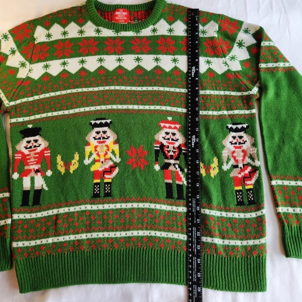 UGLY CHRISTMAS SWEATER Mens Large Green Red‎ White Nutcrackers Toy Soldiers